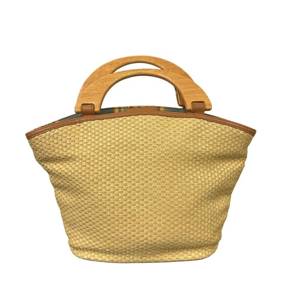 Fossil Womens Spring Bag Beige Wood Woven Canvas Dual Handle Snap 75082 - Picture 1 of 7